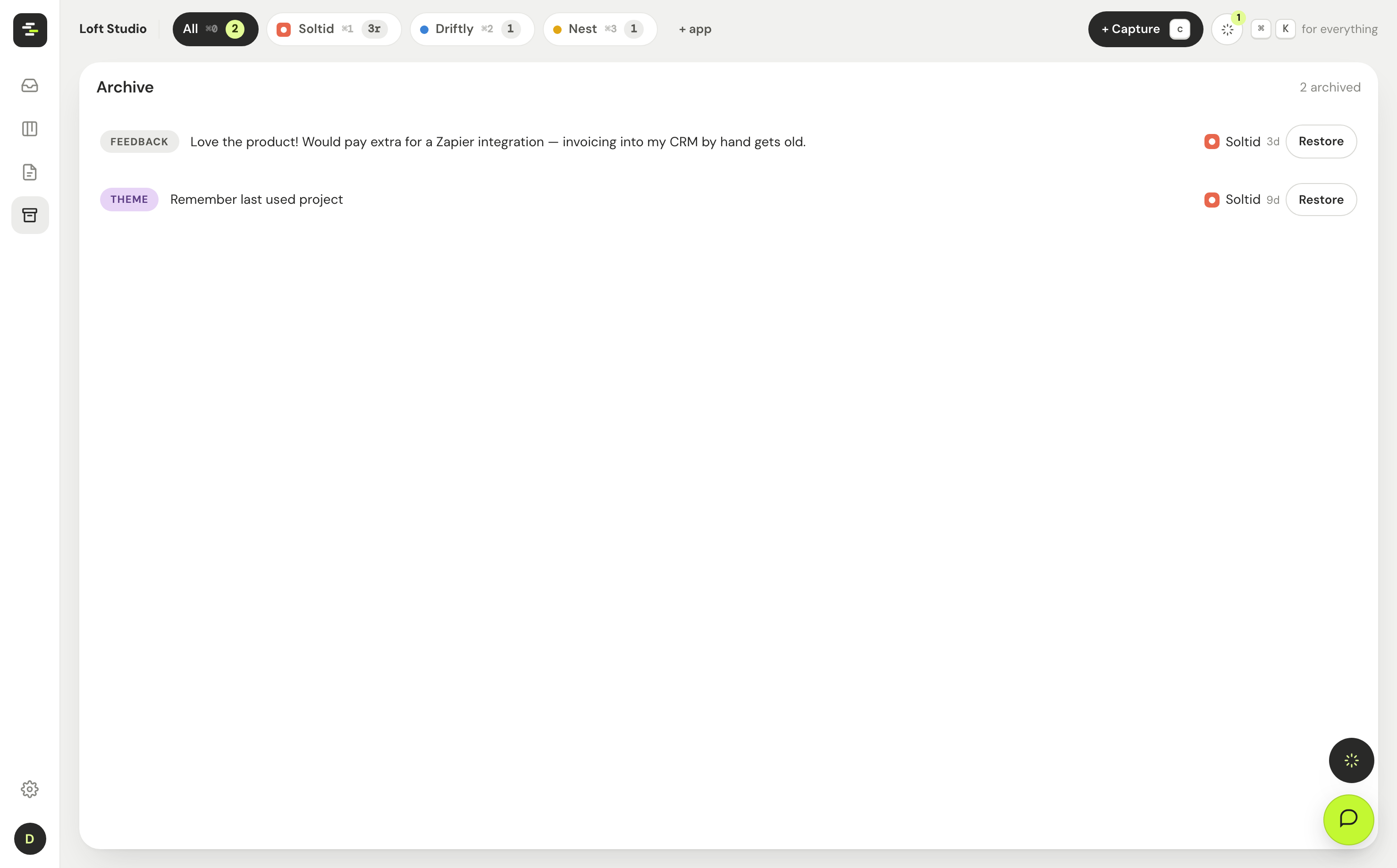 The Archive view with restore